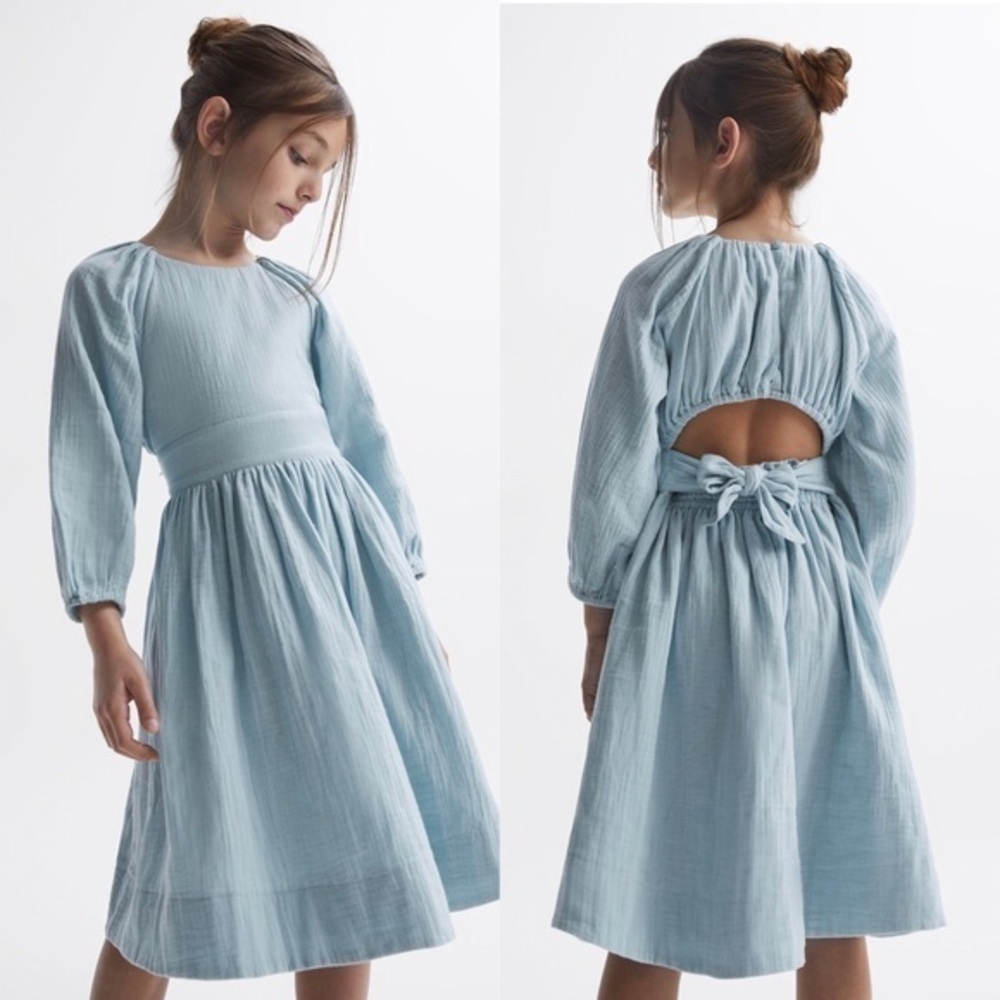 REISS Girls Blue Cotton Expandable Cuff Sleeve Cut out Back Dress 9-10 YRS NWT